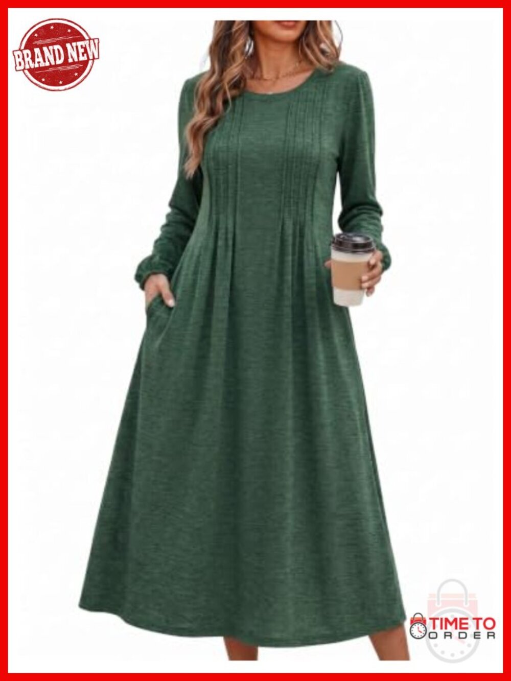 Long Sleeve Pleated A-Line Midi Dress with Pockets Casual Flowy